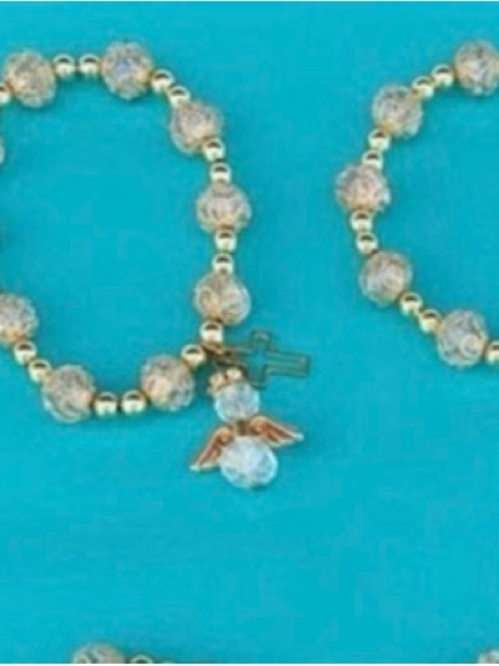 5 glass bead Gold Beaded Bracelet Set cross & angle charms